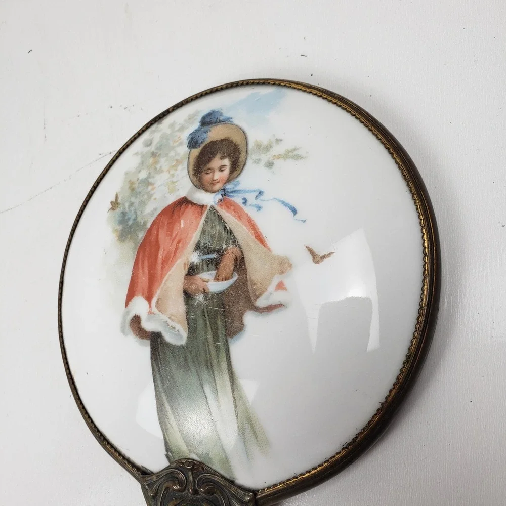 Vintage Victorian Style Hand Mirror Ornate Brass Porcelain Lady Red Cape Beveled